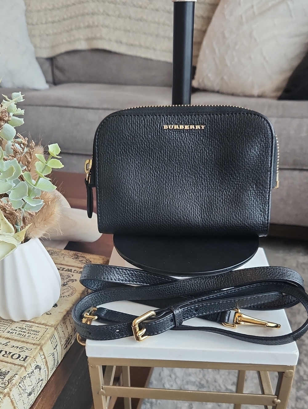 Burberry Black Pebbled Leather Camera Crossbody Bag